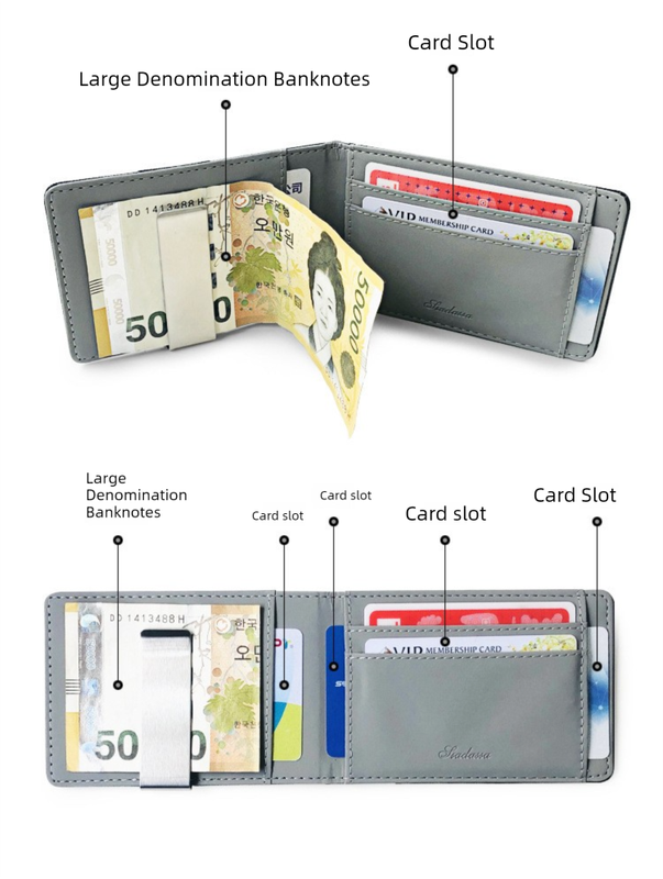 Blue Men's Slim Bifold Money Clip Wallet - Saffiano Texture PU Leather with Stainless Steel Cash Clamp - Minimalist Front Pocket Card Holder