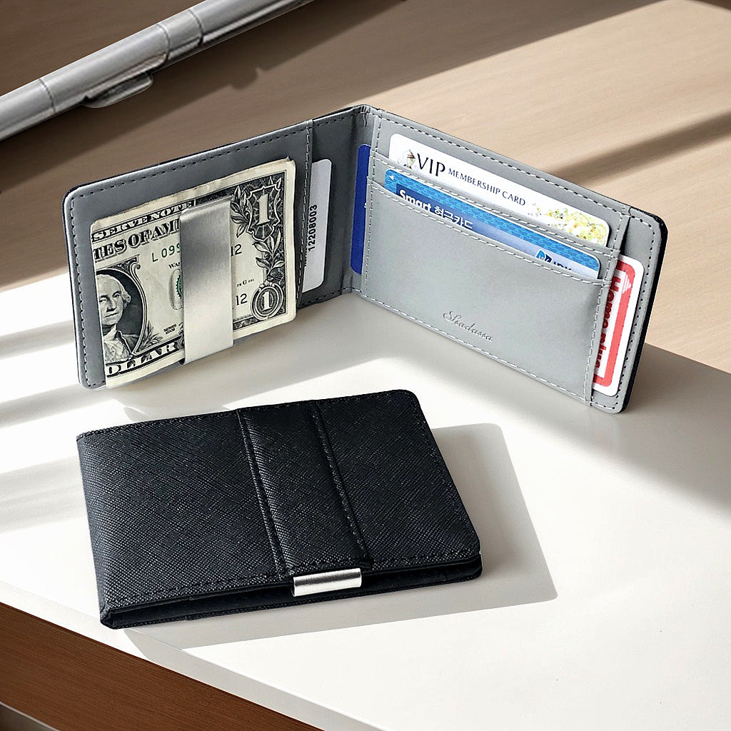 Brown Men's Slim Bifold Money Clip Wallet - Saffiano Texture PU Leather with Stainless Steel Cash Clamp - Minimalist Front Pocket Card Holder