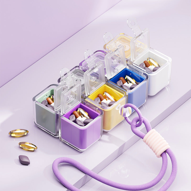 Blue Portable Magnetic Cube Pill Organiser - 8 Compartment Weekly Medicine Travel Case with Lanyard - Detachable Washable PP+PC Storage