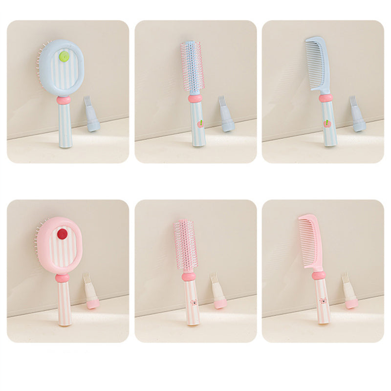 Pink 3-Piece Aesthetic Hair Brush Set - Detangling Air Cushion & Volumising Roller Comb with Hidden Cleaning Claw - Scalp Massage Styling Kit