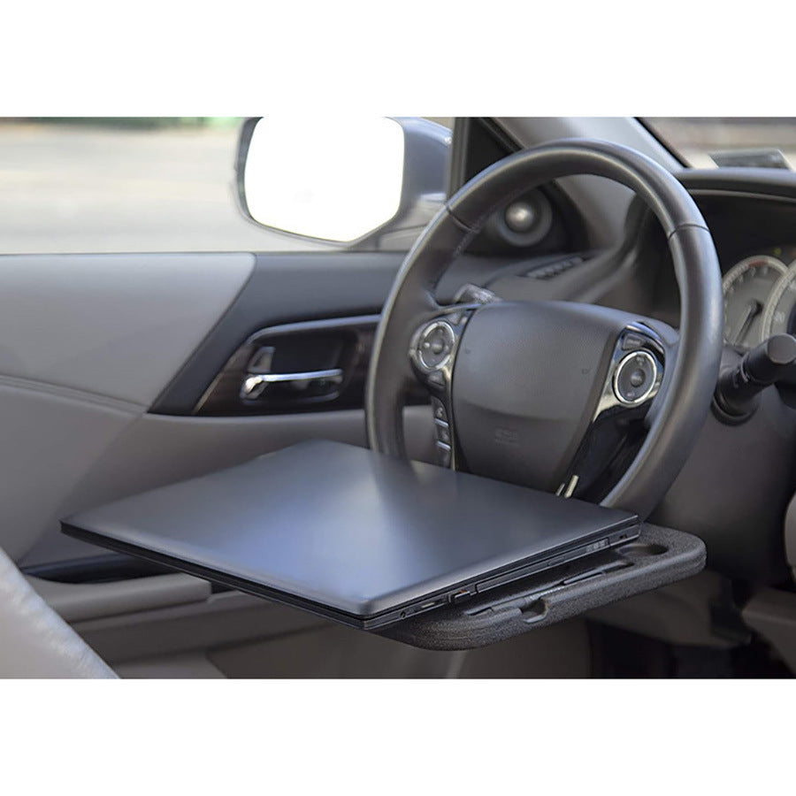Black Portable Car Steering Wheel Tray - 2-in-1 Dual Sided Laptop Desk & Food Table with Cup Holder - Universal Auto Interior Accessory for Travel & Mobile Work