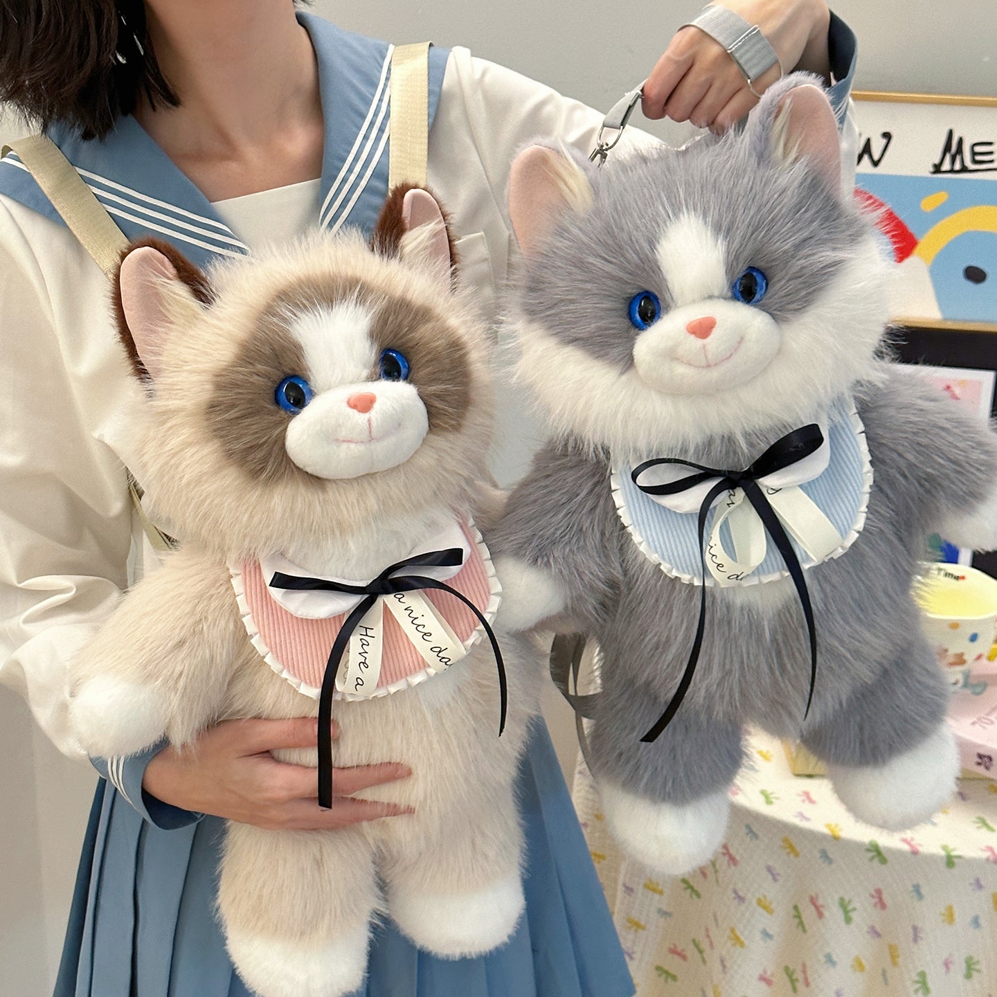 Brown Adorable Plush Cat Backpack - Soft Furry Doll Bag with Zipper Compartment for Girls and Women