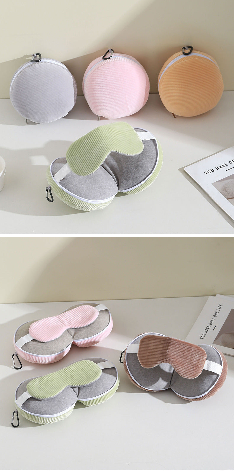 Green and Grey 3-in-1 Foldable Sleep Eye Mask with Neck Pillow - Compact Travel Pillow for Airplane, Office Naps and Restful Sleep