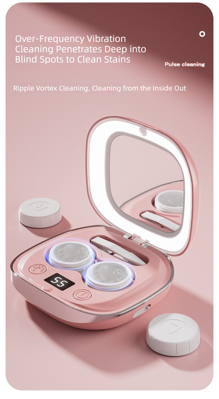Pink Portable Sonic Wave Contact Lens Cleaner with LED Makeup Mirror - Automatic Electric Lens Cleaning Case for Daily Use