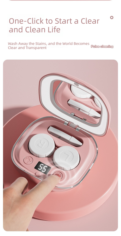 Pink Portable Sonic Wave Contact Lens Cleaner with LED Makeup Mirror - Automatic Electric Lens Cleaning Case for Daily Use