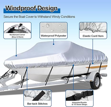 Grey Heavy Duty Waterproof Tarp Covers with Storage Bag, Fits V-Hull, Fish&Ski, Pro-Style, Fishing, Runabout, Bass Boats, 16-18FT(570cm*300cm)