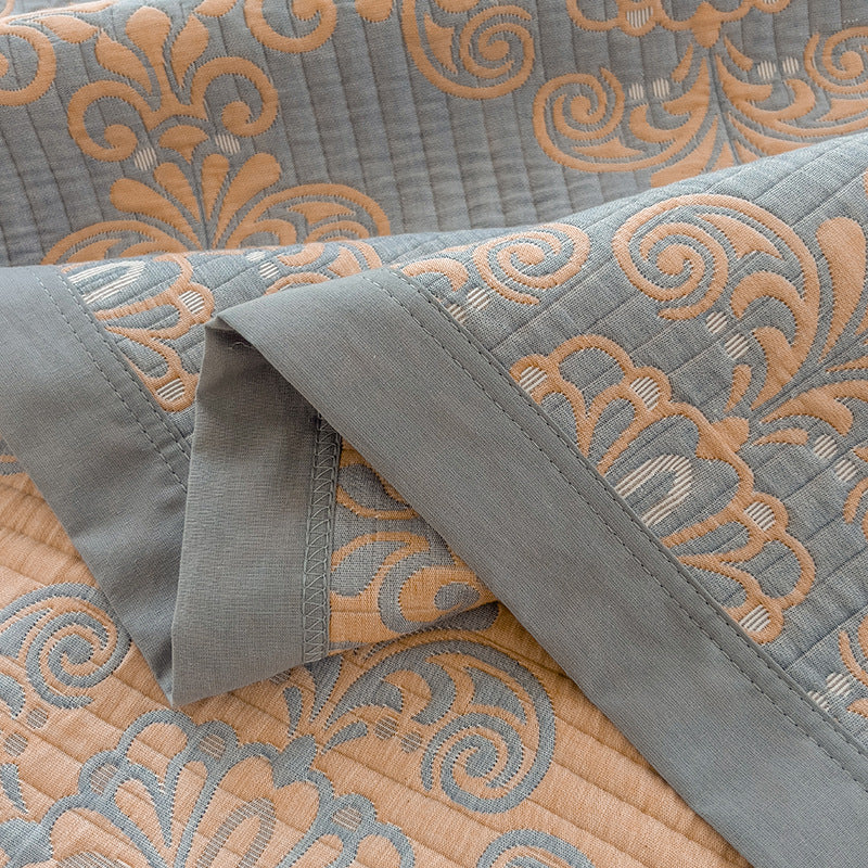 Grey and Orange Cotton Three-Layer Gauze Bed Cover Set - Reversible Vintage Printed Blanket with Two Pillowcases for Year-Round Use(150*200cm)