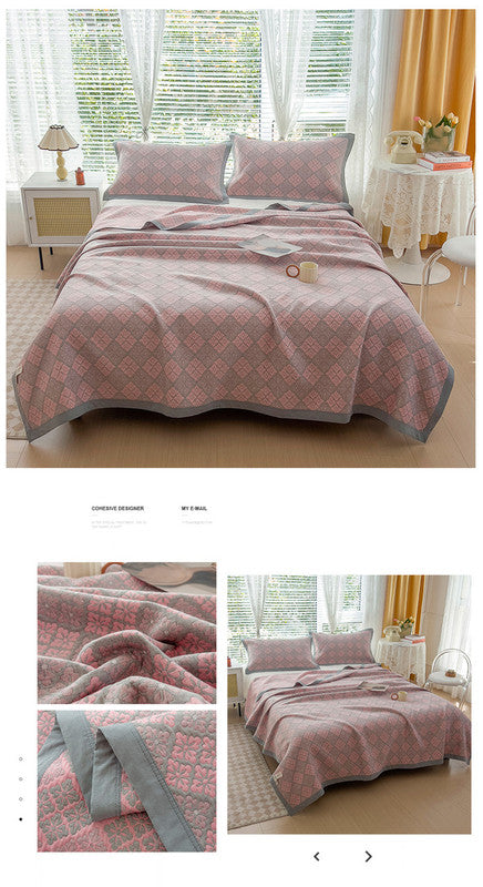 Grey and Pink Cotton Three-Layer Gauze Bed Cover Set - Reversible Vintage Printed Blanket with Two Pillowcases for Year-Round Use(150*200cm)
