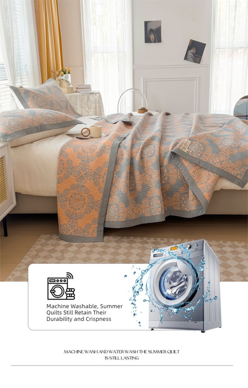 Grey and Pink Cotton Three-Layer Gauze Bed Cover Set - Reversible Vintage Printed Blanket with Two Pillowcases for Year-Round Use(200*230cm)