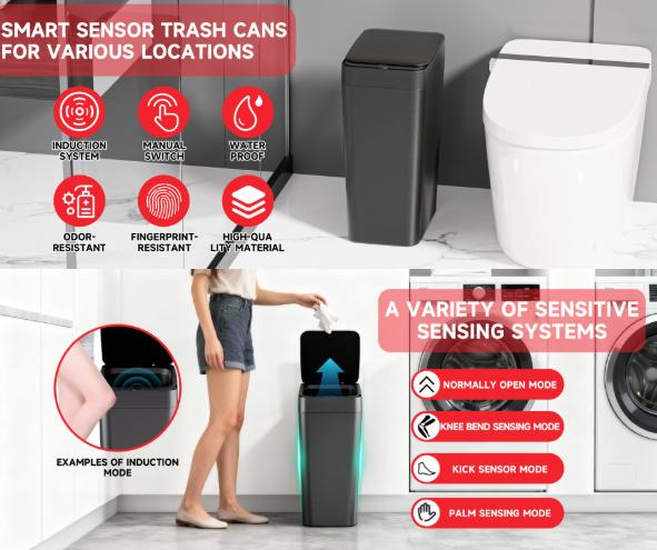 Black Smart Sensor Trash Can – Slim, Durable, and Hands-Free Waste Bin for Kitchen, Bathroom, or Living Room