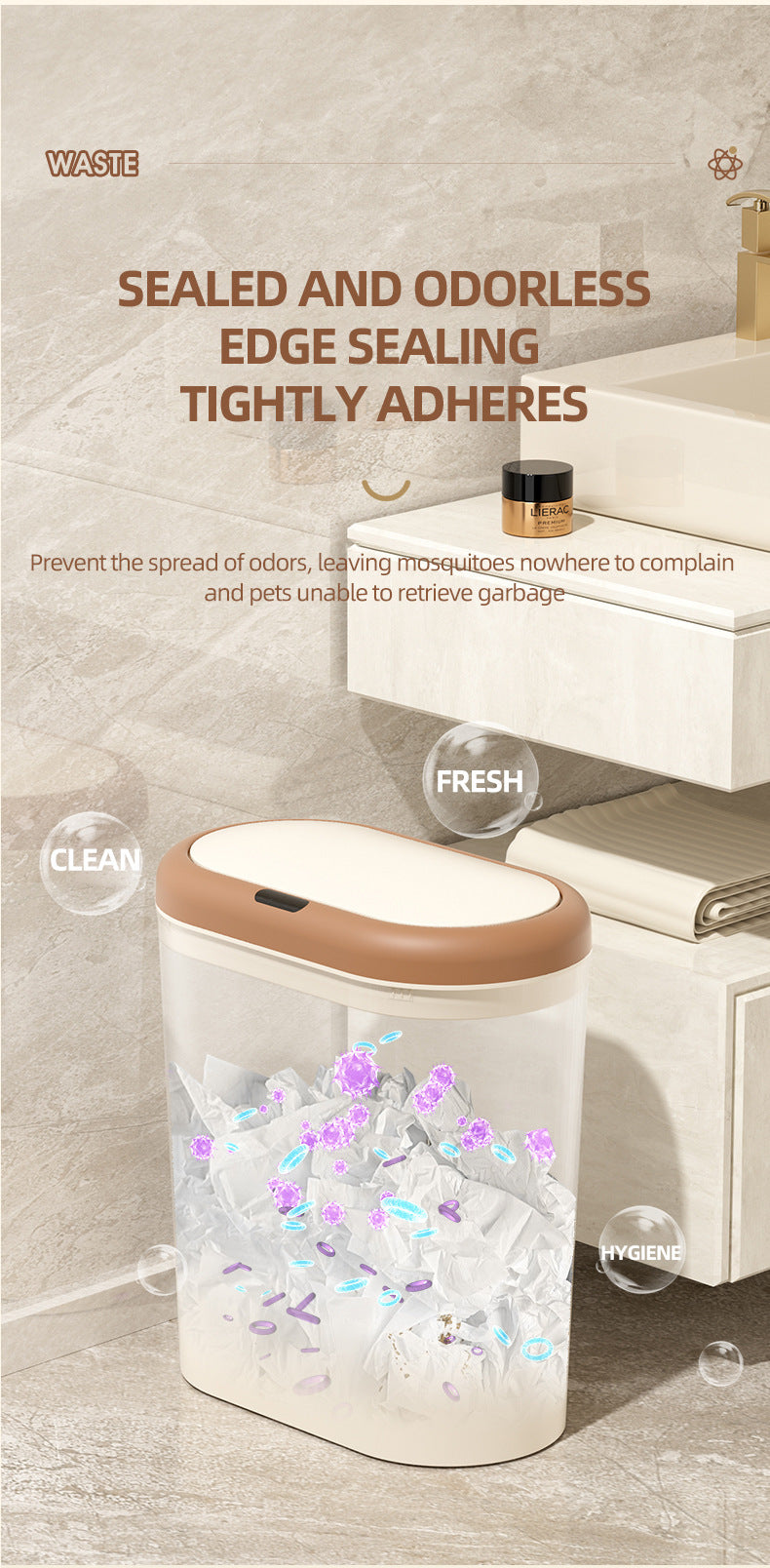 Beige Smart Sensor Trash Can – 15L Capacity, Compact Design for Home Use with Automatic Induction Opening(Three sensor modes)