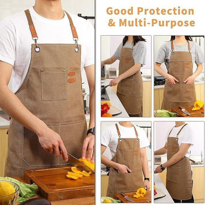 Brown 16-ounce Heavy-Duty Canvas Apron – Durable, Waterproof & Oil-Resistant Kitchen Workwear for Cooking and Crafting