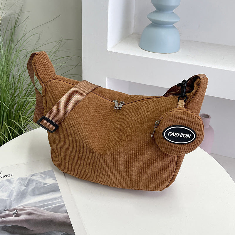 Brown Minimalist Corduroy Crossbody Bag – Large Capacity Single Shoulder & Diagonal Sling Bag in Korean Style