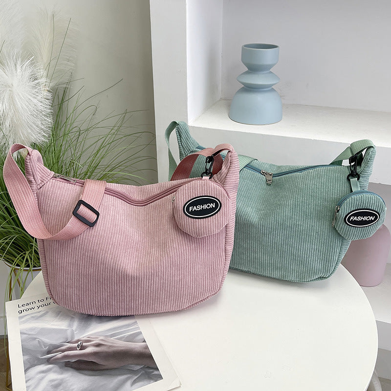 Brown Minimalist Corduroy Crossbody Bag – Large Capacity Single Shoulder & Diagonal Sling Bag in Korean Style