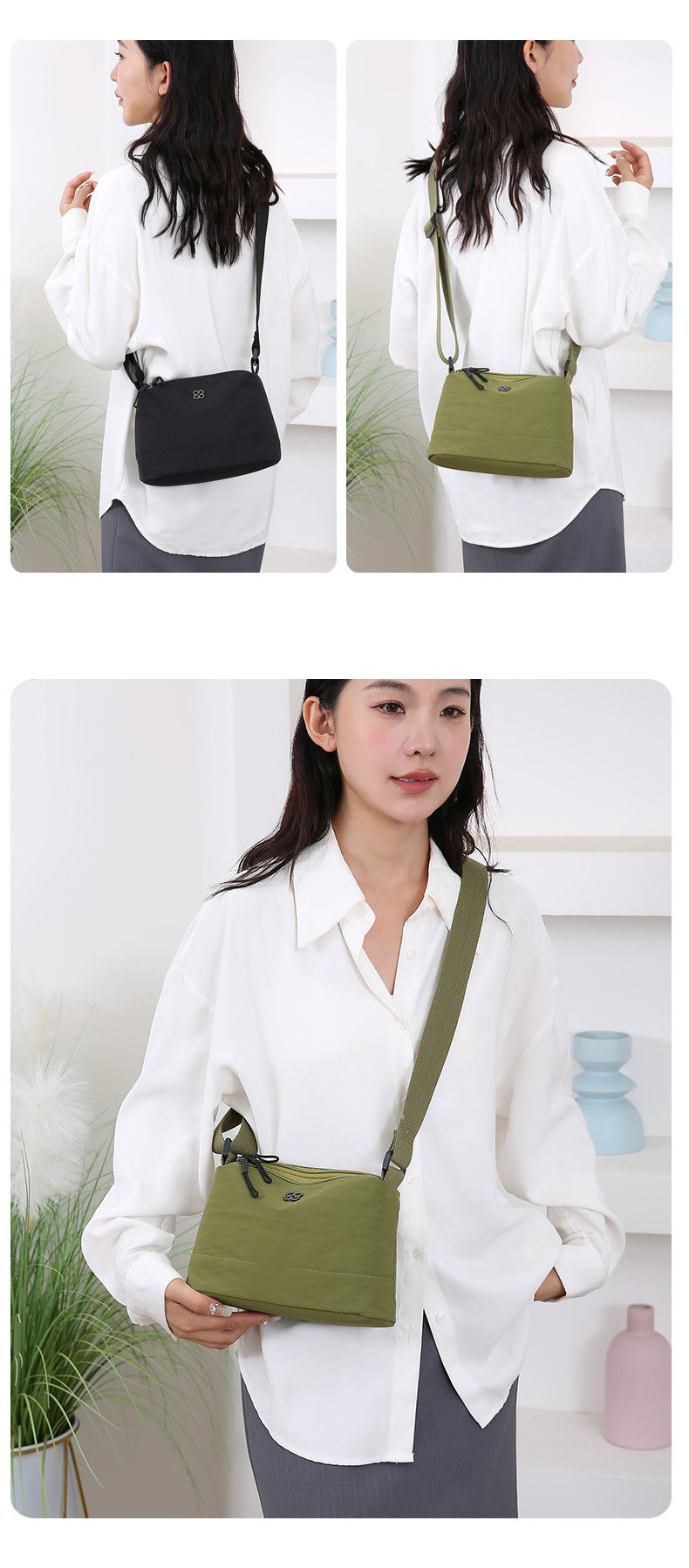 Green Lightweight Multi-Layer Crossbody Bag for Women – Compact, Water-Resistant Nylon Shoulder Bag with Adjustable Strap