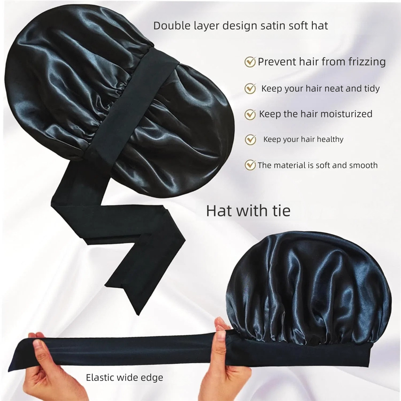 2 Pcs Dark Pink Double-Layer Satin Hair Cap with Ribbon Bow – Premium Silk-Like Beauty & Hair Protection Hat