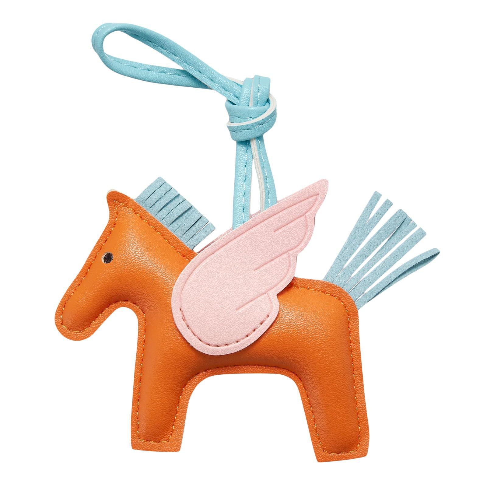 Orange PU Leather Pegasus Keychain – Cute Flying Horse Pendant with Wings and Rope, 3-Pack