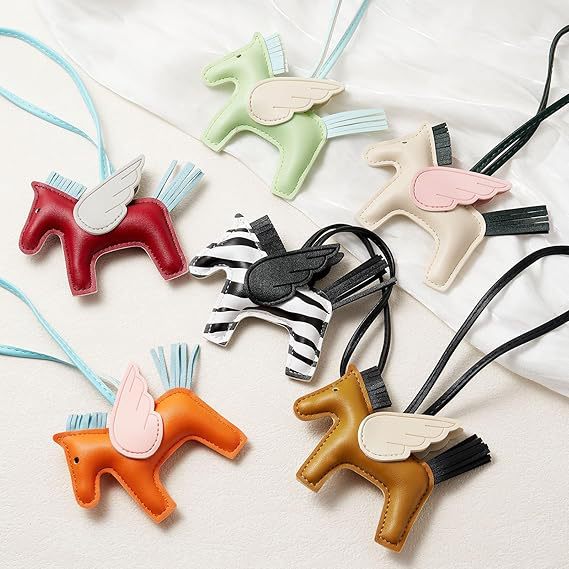 Orange PU Leather Pegasus Keychain – Cute Flying Horse Pendant with Wings and Rope, 3-Pack