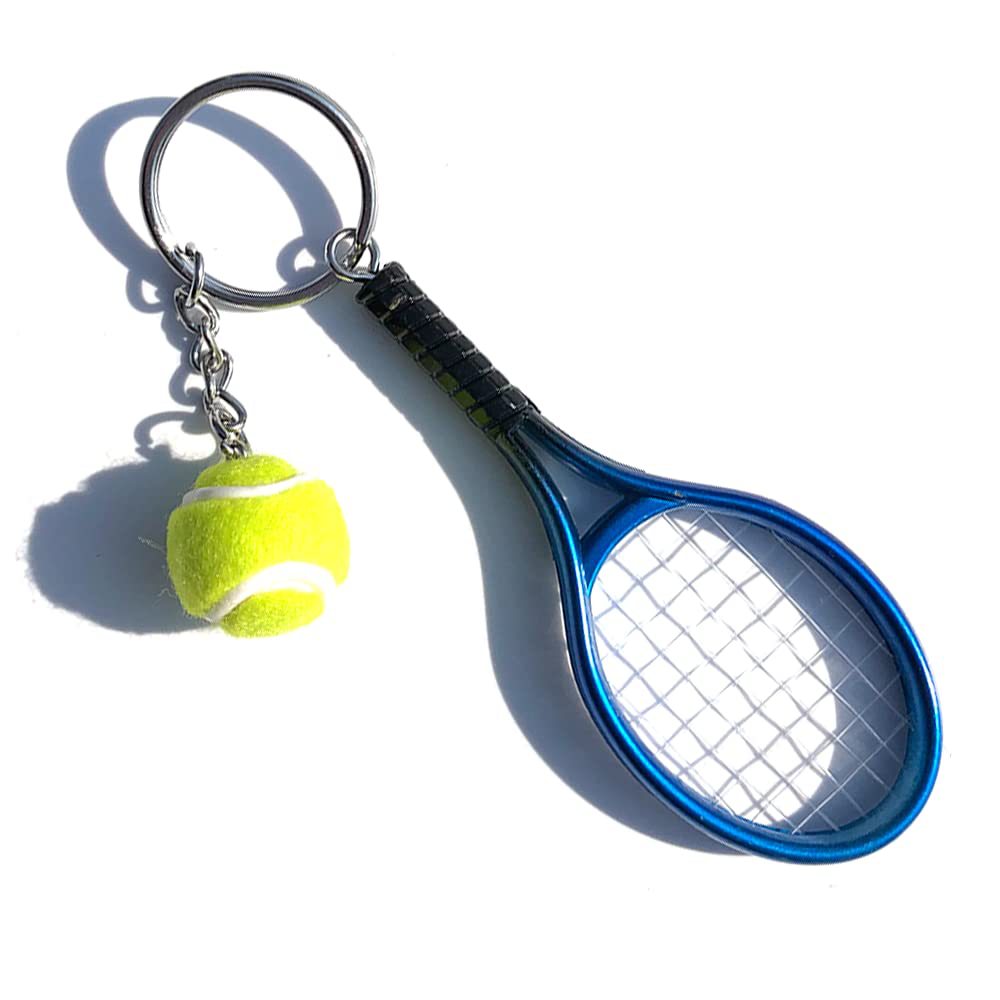 Blue Simulation Tennis Racket Keychain – Mini Tennis Racket and Ball Pendant, 3-Pack
