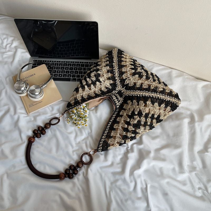 Beige and Black Stylish Hand-Woven Paper Rope Bag – Boho Crochet Tote for Summer & Travel