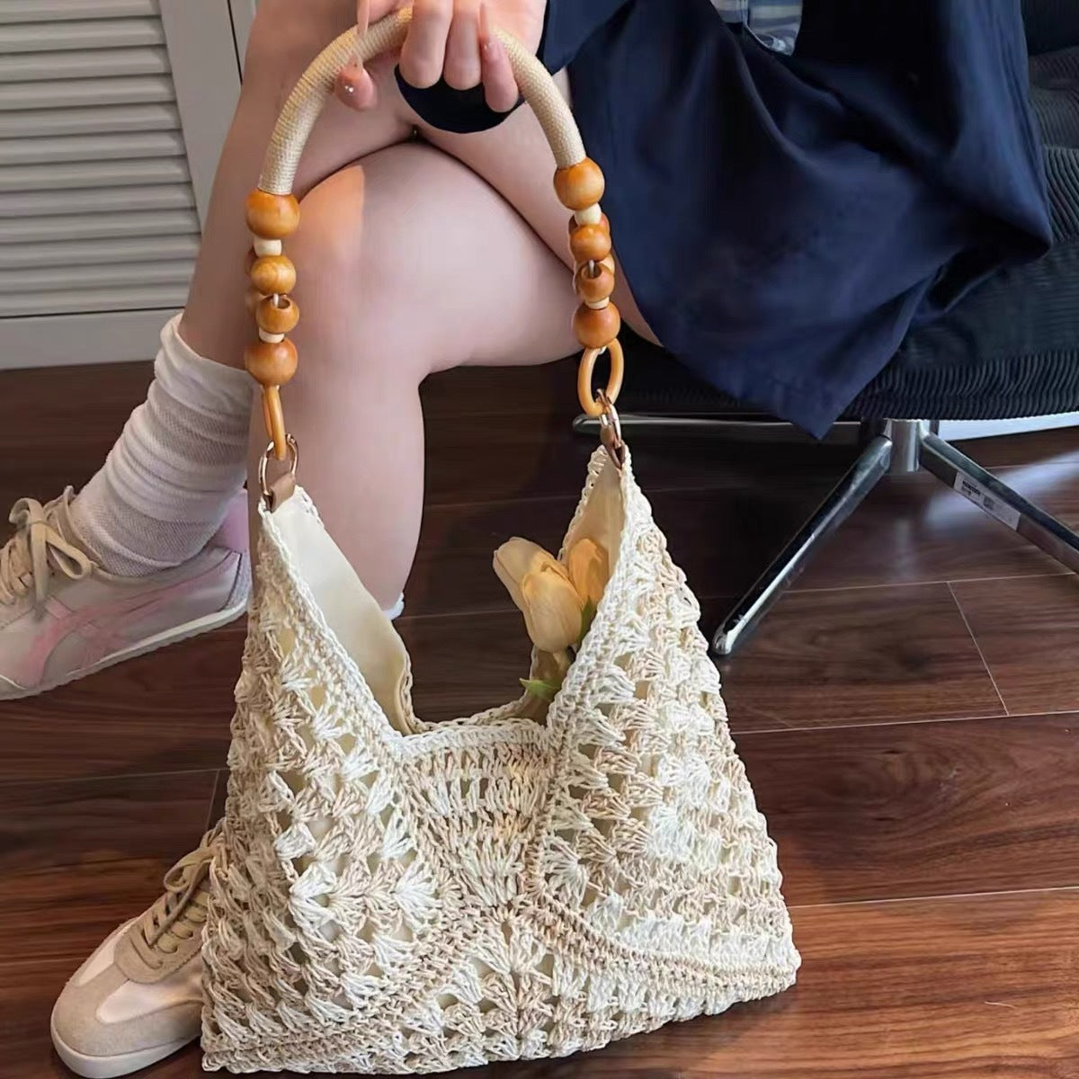 White and Beige Stylish Hand-Woven Paper Rope Bag – Boho Crochet Tote for Summer & Travel