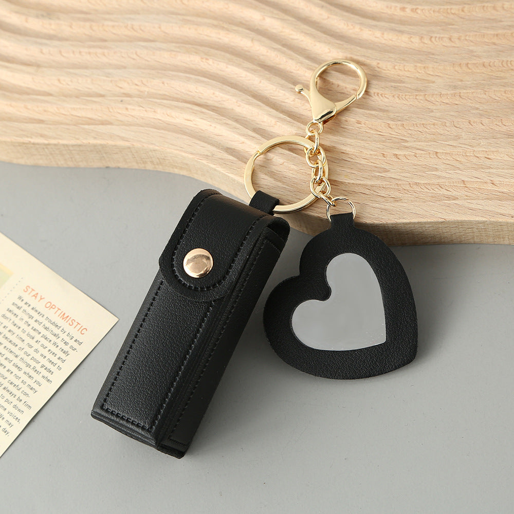 Black Portable Lipstick Case with Heart Mirror & Keychain – Cute PU Leather Holder (3-Pack)