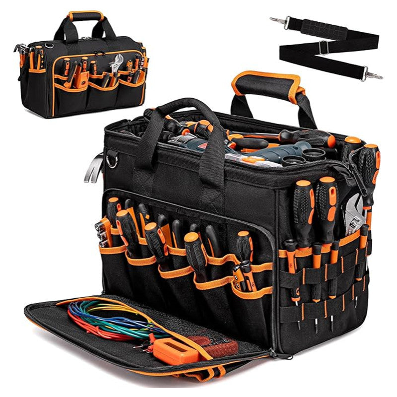 Heavy-Duty 17-Inch Tool Bag with 46 Pockets, Waterproof Base & Shoulder Strap(Black Orange)