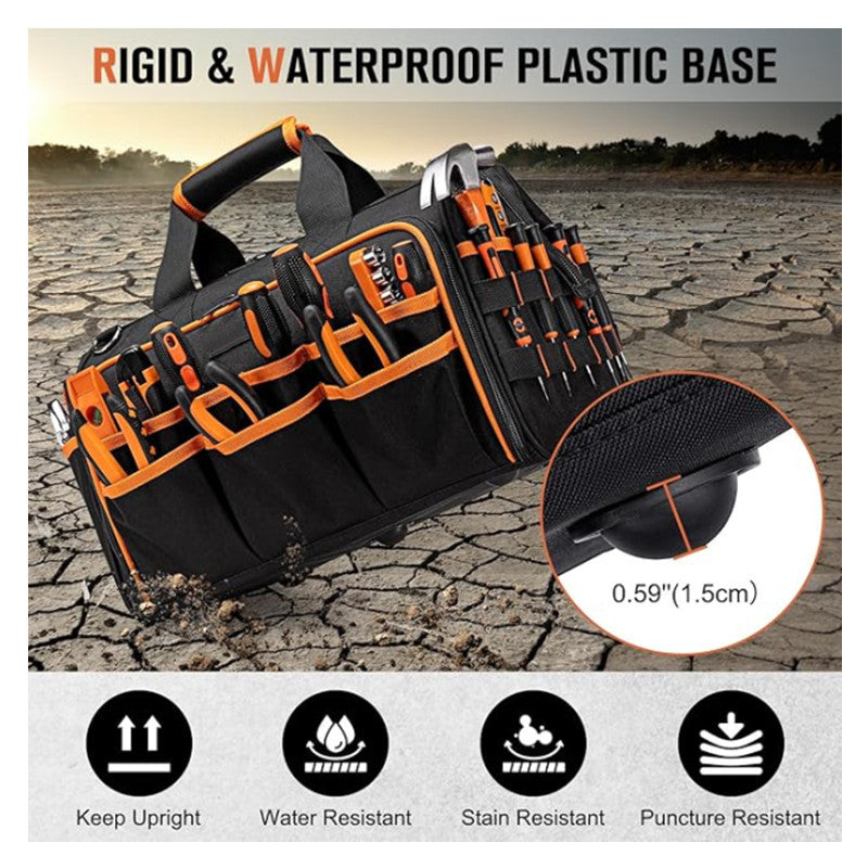 Heavy-Duty 17-Inch Tool Bag with 46 Pockets, Waterproof Base & Shoulder Strap(Black Orange)