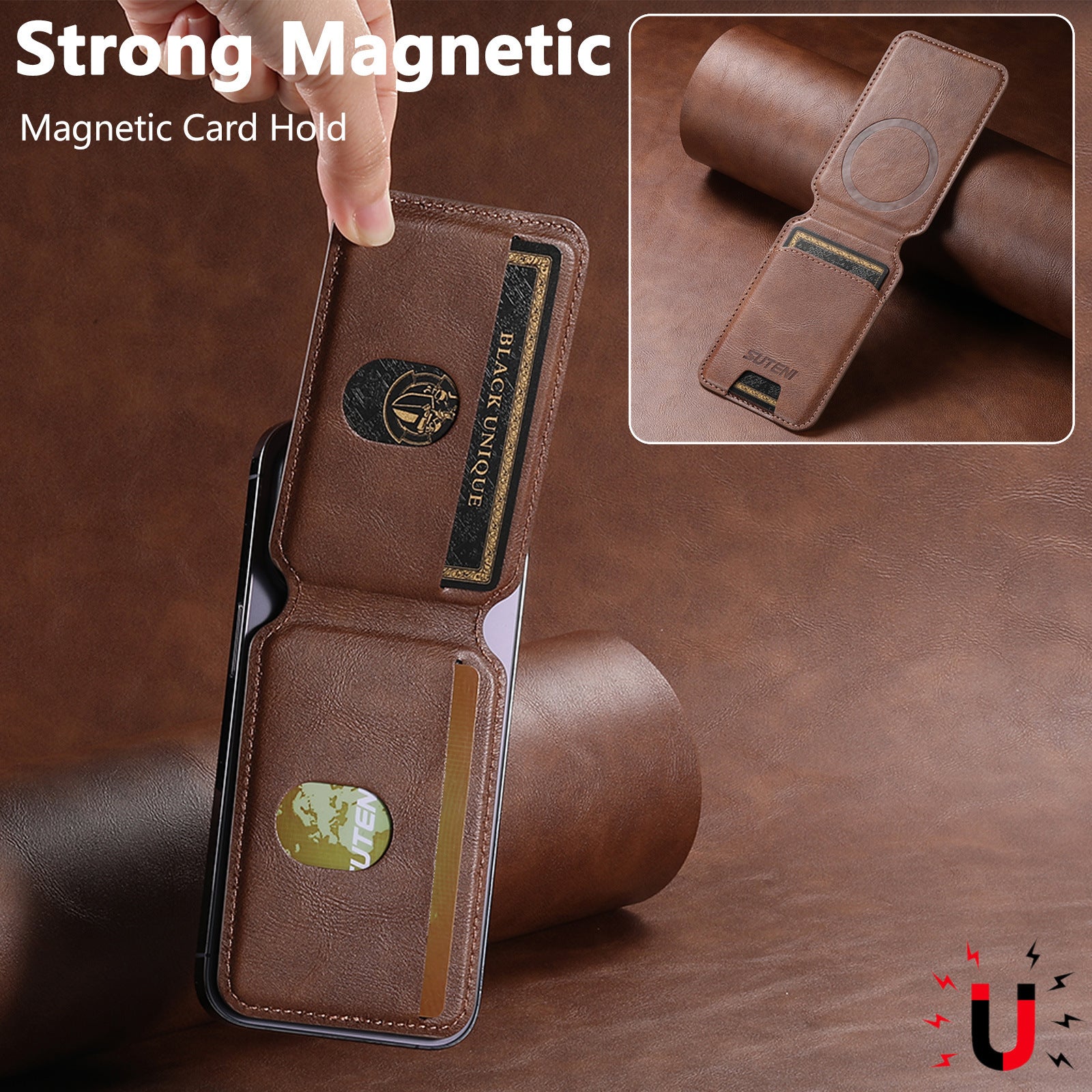 Black Slim Magnetic Wallet with Kickstand for MagSafe - PU Leather Card Holder