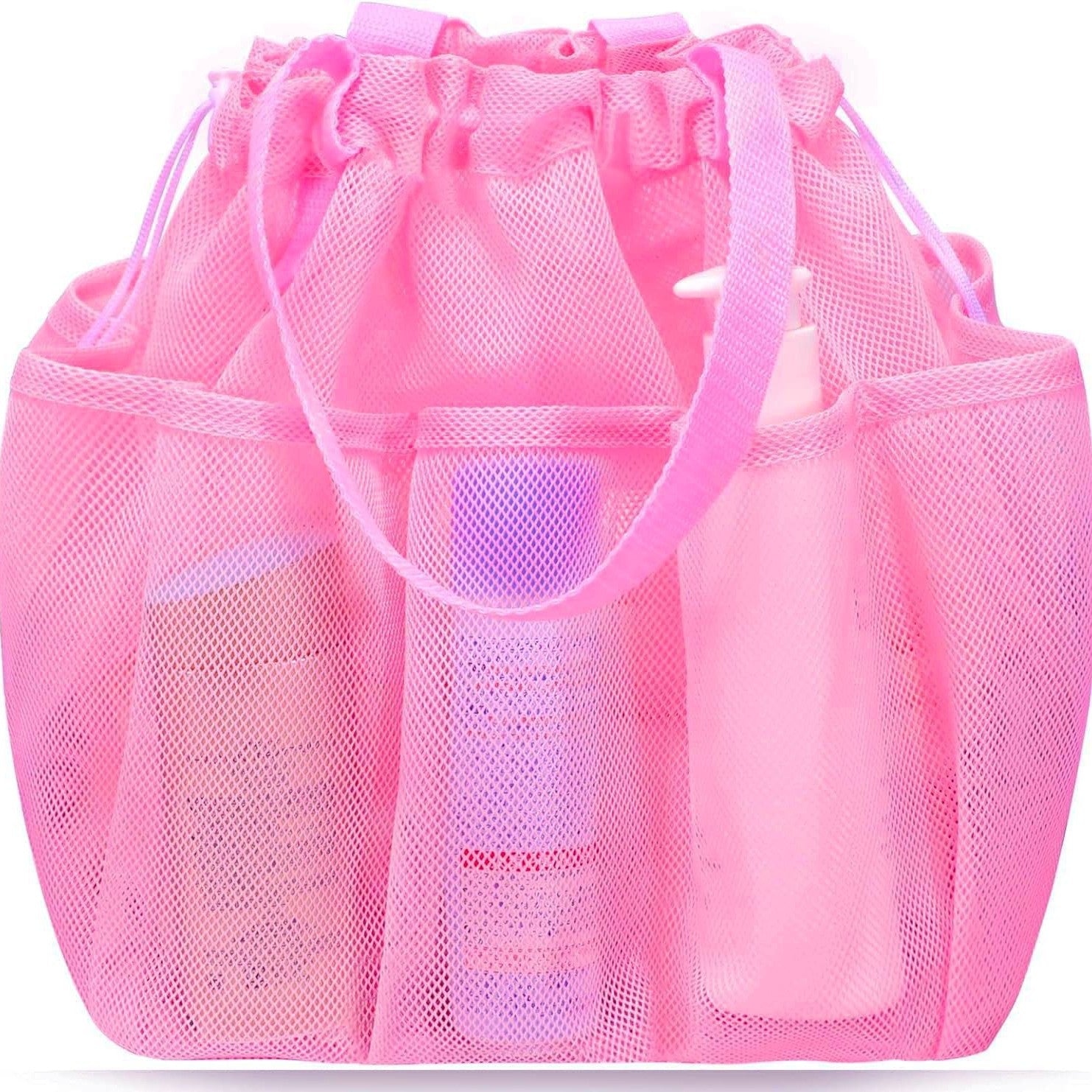Pink Large Multi-Pocket Mesh Beach Tote Bag - Quick-Dry Travel & Gym Organizer with Drawstring Closure