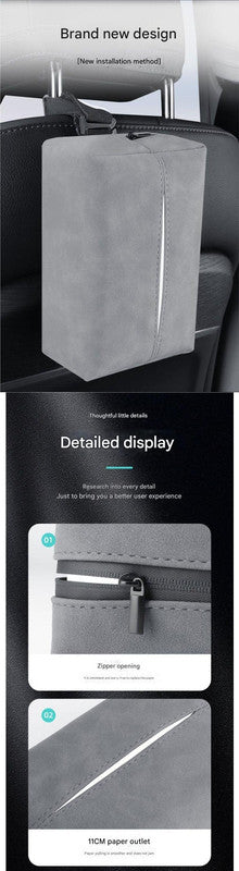 Grey 2-Pack Luxury Faux Suede Car Tissue Box - Visor Clip & Strap for Armrest or Seat Back