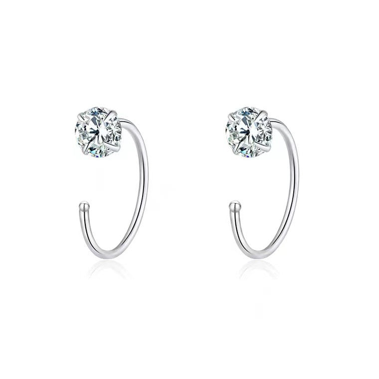 6mm (4-Pair Set) Minimalist C-Shaped Hoop Earrings with CZ Studs - S999 Sterling Silver