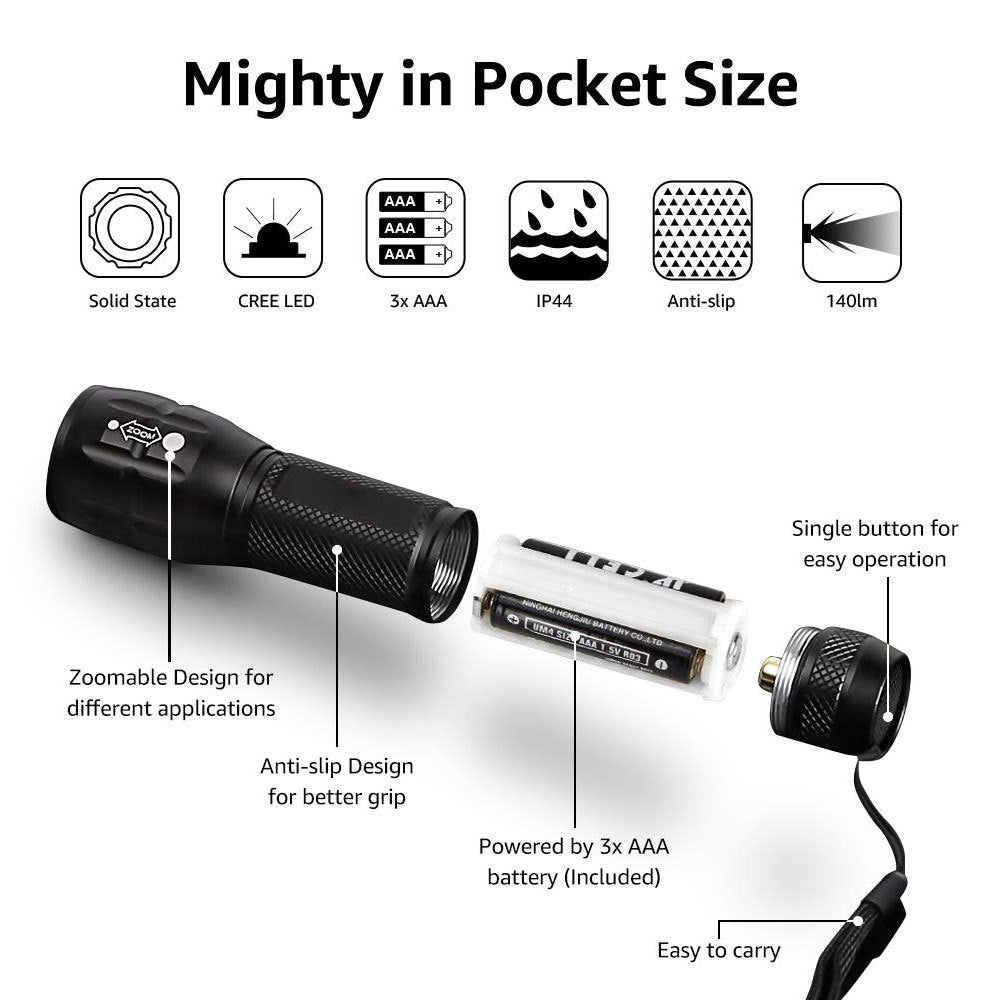 Compact Tactical LED Flashlight - Super Bright 160LM with Adjustable Zoom & Anti-Slip Grip