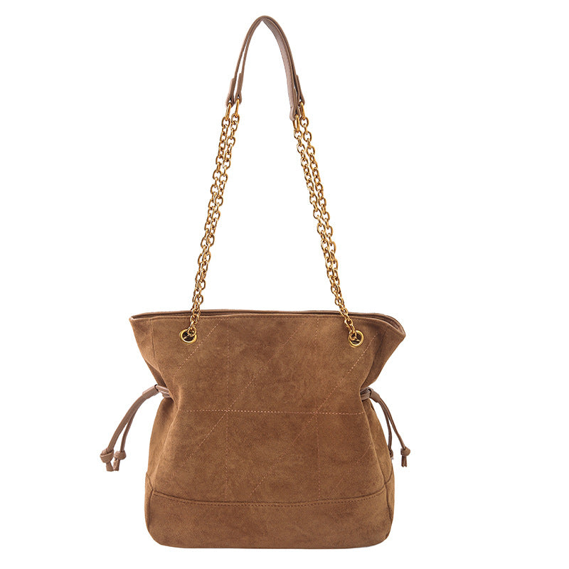 Brown Chic Suede Hobo Bag for Women - Versatile Tote with Drawstring, Large Capacity Commuter Bucket Bag