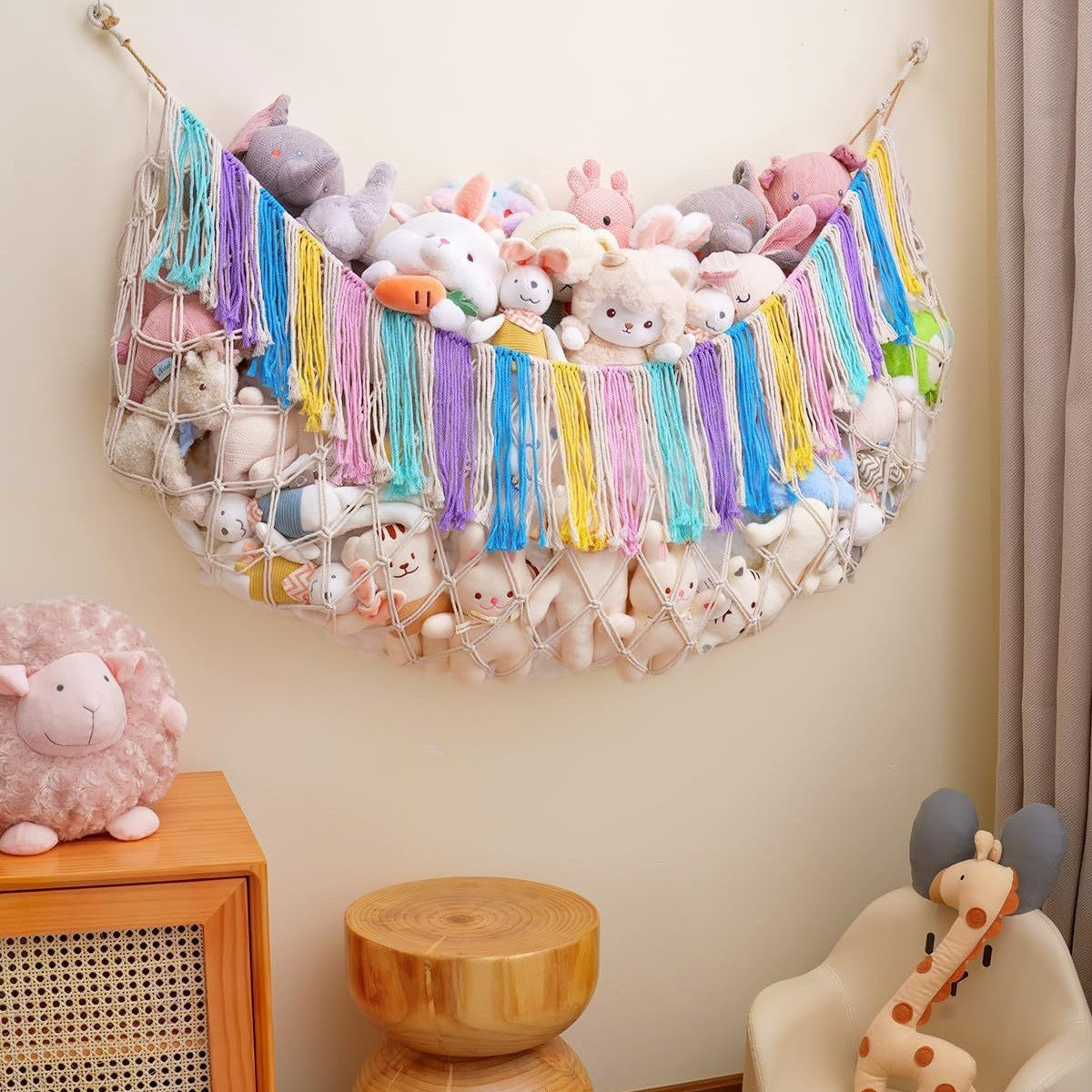Black Hand-Woven Cotton Rope Plush Toy Hammock - Wall Organizer with Tassels, Decorative Toy Net (150 x 40cm)