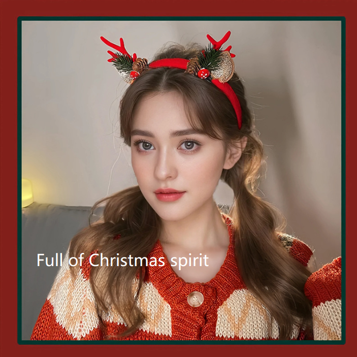 Two-tone Pom-pom Enchanting 5-Piece Christmas Antler Headband Set - Festive Brown Reindeer Hair Accessories for Holiday Gifts