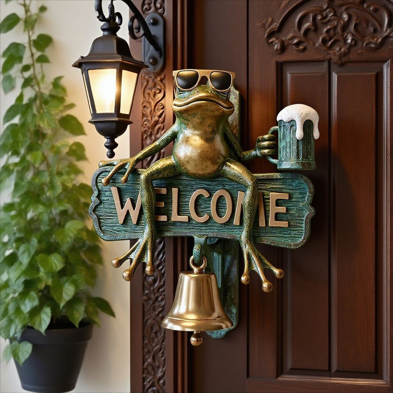 Chill Frog Welcome Doorbell - Sunglasses & Beer Frog Resin Decorative Doorbell (15x15x5cm)
