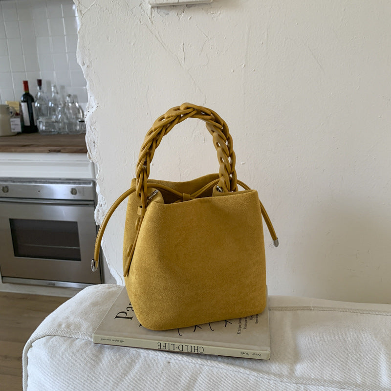 Yellow Retro Maillard Brown Mini Bag - 2025 New Casual Versatile Women's Crossbody & Exquisite Braided Handle Bucket Bag (15x12x14 cm)