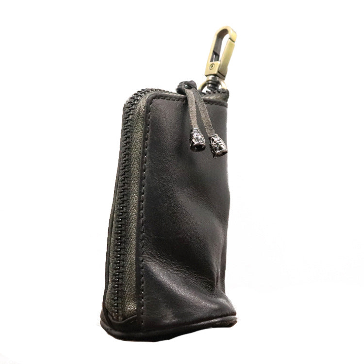 Black Vintage Top-Grain Cowhide Key Pouch - Men's Large Capacity Waist-Mounted Retro Key Holder (11x6x6 cm)