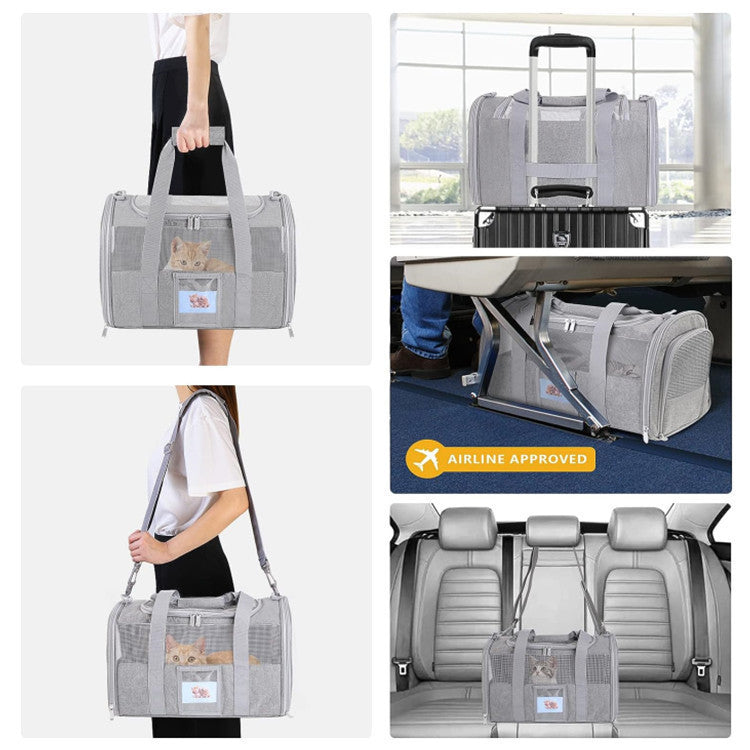 Grey Large Cat & Small Dog Carrier - Soft-Sided, Foldable & Breathable Pet Travel Bag (43x30x28 cm)