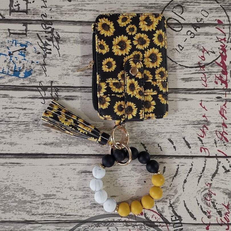 2 Pack Yellow Flower Silicone Beaded Wristlet Keychain Wallet Bangle with Tassel PU Leather ID Card Holder for Women Hands Free Key Ring Organiser