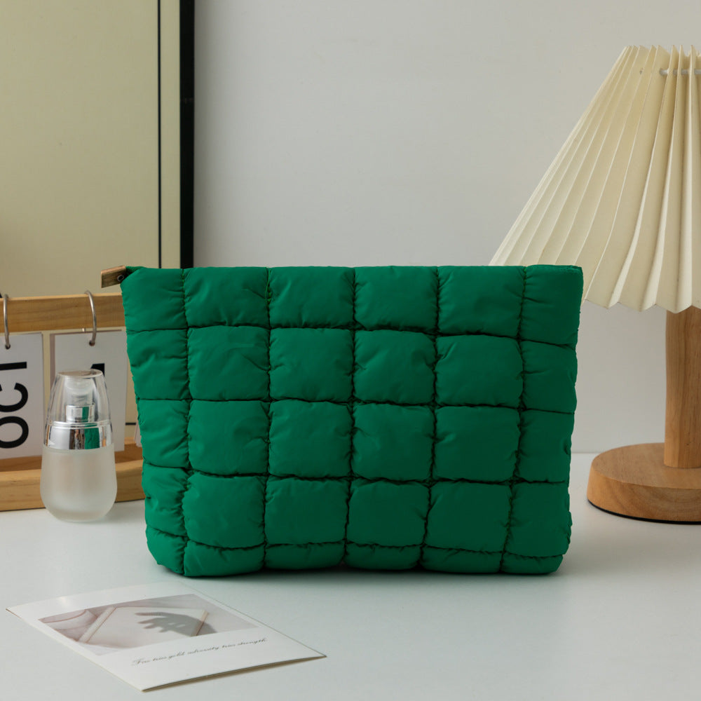 Green 2 Pack Quilted Puffer Clutch Bag Set Checkered Makeup Pouch Women Fashion Cosmetic Organiser for Travel and Daily Use