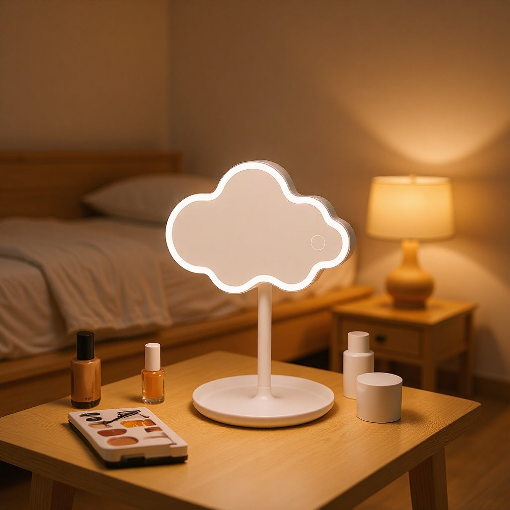 White Cute Cloud Shaped LED Makeup Mirror Desktop Vanity Light with Storage Tray 360 Rotation Cordless Cosmetic Beauty Tool