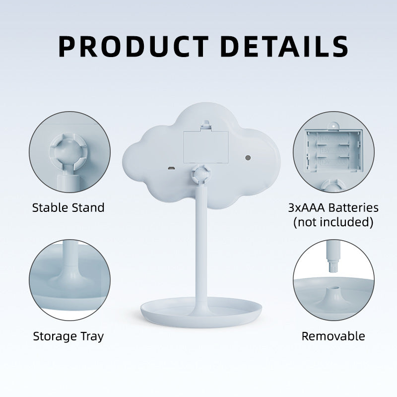 White Cute Cloud Shaped LED Makeup Mirror Desktop Vanity Light with Storage Tray 360 Rotation Cordless Cosmetic Beauty Tool