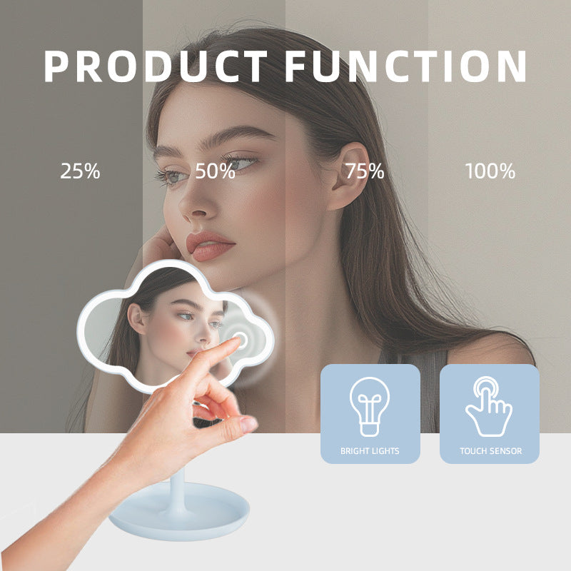 White Cute Cloud Shaped LED Makeup Mirror Desktop Vanity Light with Storage Tray 360 Rotation Cordless Cosmetic Beauty Tool
