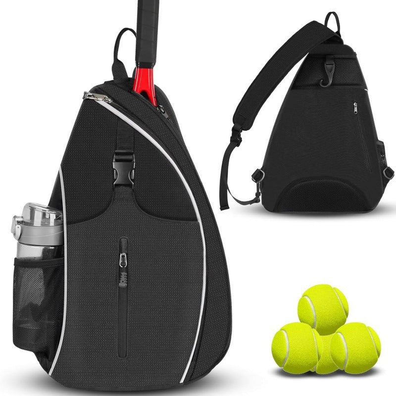 Black Tennis Sling Bag Badminton Backpack Crossbody Racket Holder for Pickleball Squash Sports Travel with Water Bottle Pocket