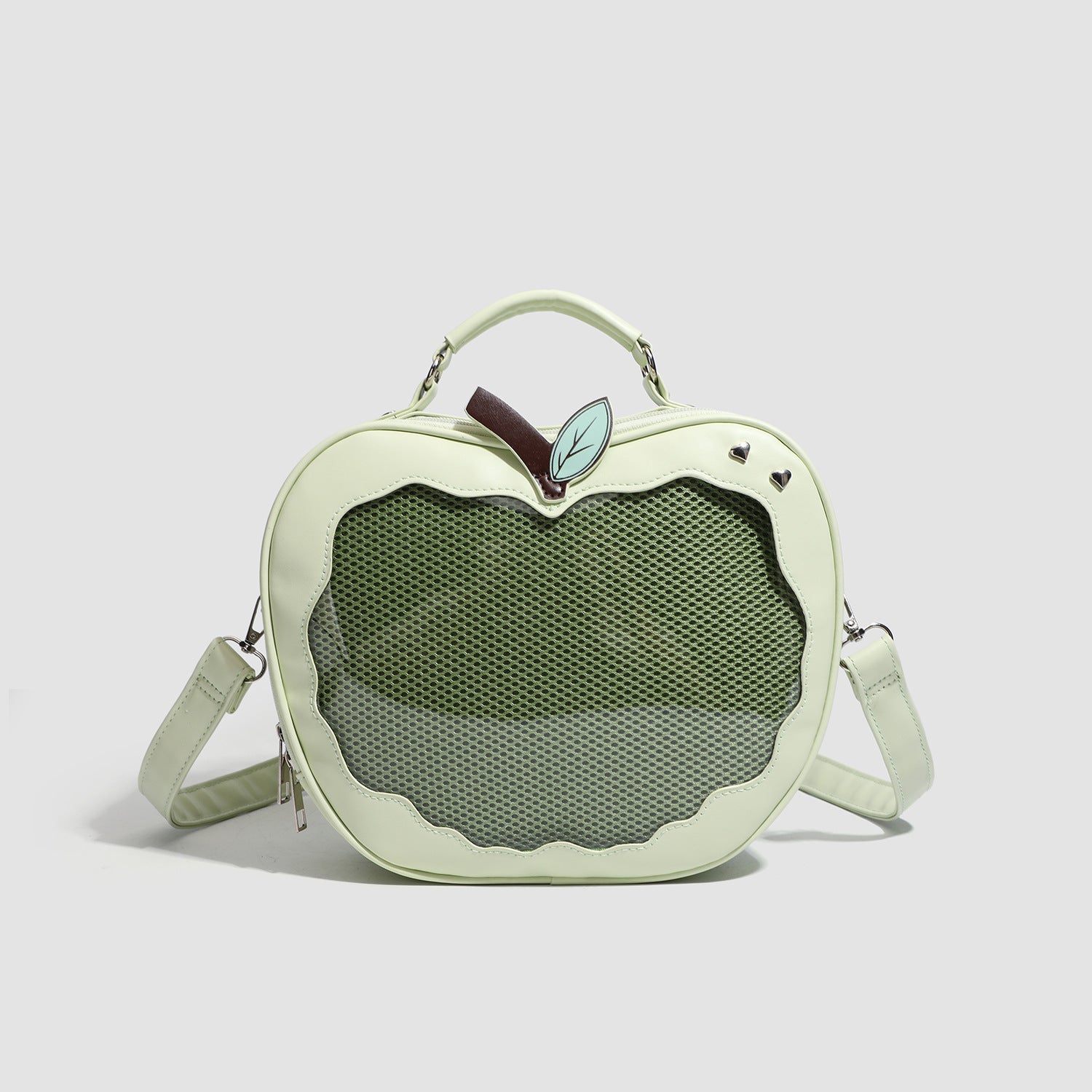 Green Cute Apple Shaped Ita Bag Convertible Backpack Crossbody Purse with Mesh Pin Display Window for Teen Girls and Daily Use