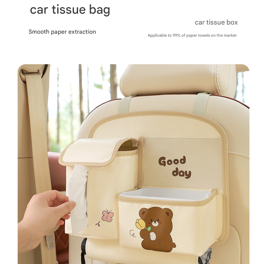 Pink Cute Bear Car Back Seat Organiser PU Leather Hanging Storage Pouch with Tissue Box Holder and Umbrella Strap Universal Travel Accessory