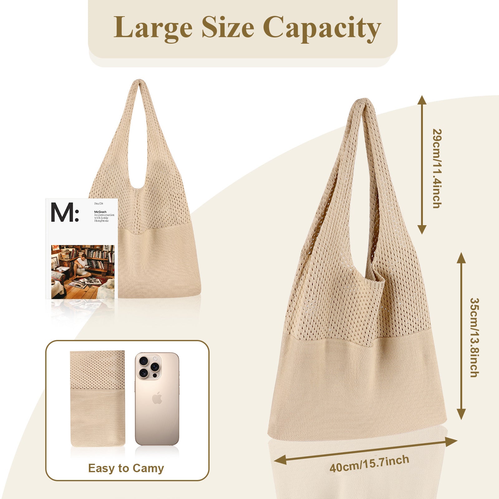 Brown Women's Large Mesh Beach Tote Bag Boho Crochet Shoulder Shopper Reusable Eco Grocery Net Bag for Summer Travel and Markets