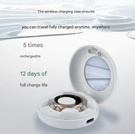 6# Striped Gold Smart Health Ring Tracker with Wireless Charging Case - Titanium Steel Fitness Wearable for Heart Rate, Sleep & Blood Oxygen Monitoring - Waterproof Wellness Device